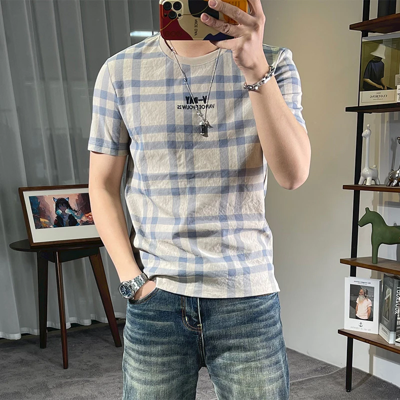 男士短袖t恤男冰丝麻格子夏季字母图案刺绣男装麻料圆领男款T恤男