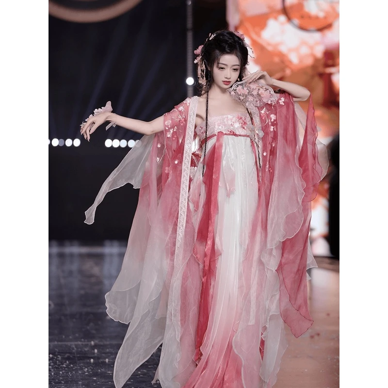 新款【桃花】十二花神汉服女齐胸襦裙春夏季花瓣重工袖大袖衫套装