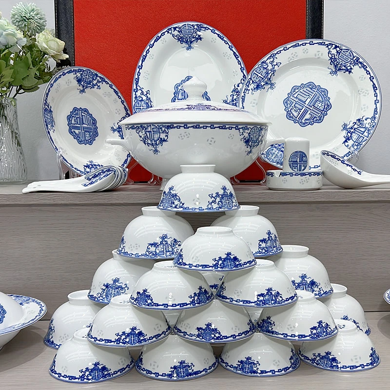 【青花玲珑餐具套装】景德镇高温青花釉中彩陶瓷餐具家用送人送礼