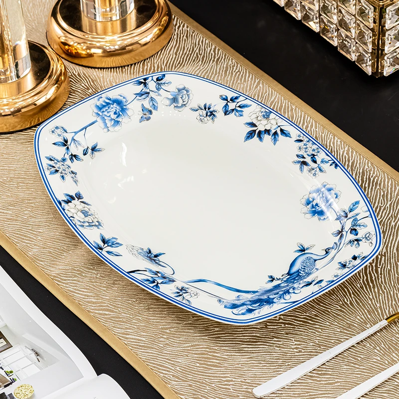 【青花孔雀12英寸鱼盘】陶瓷盘子家用中式鱼盘蒸鱼装菜