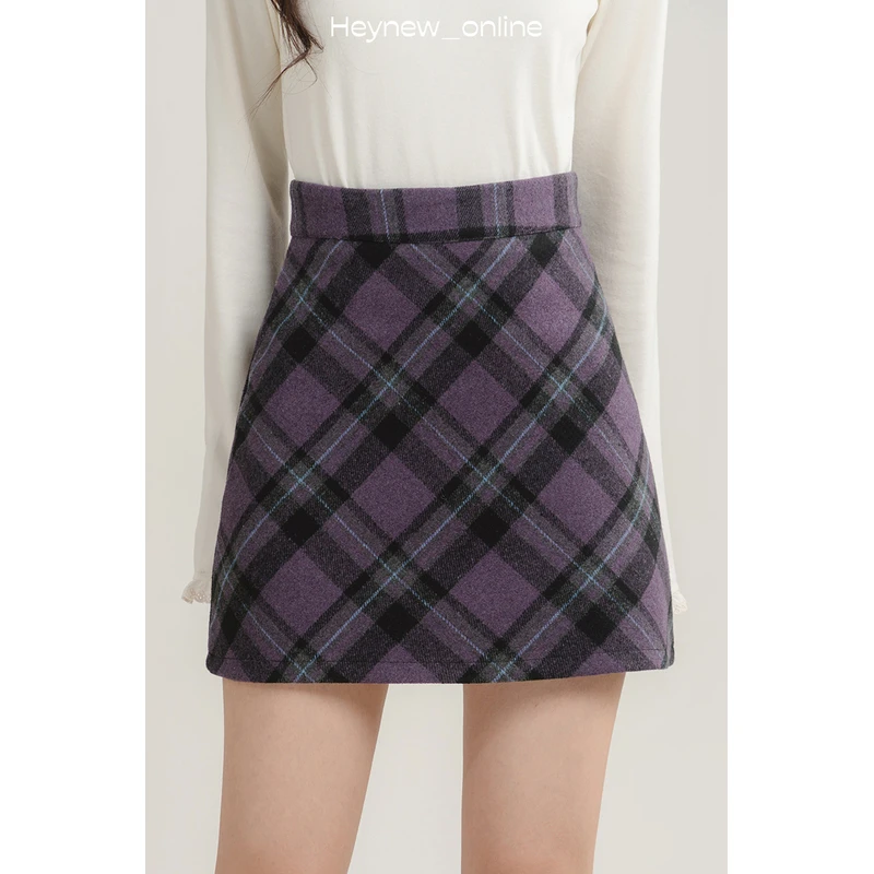 【黑妞  冬季上新】高腰斜格A字裙毛呢格子秋冬-4D435