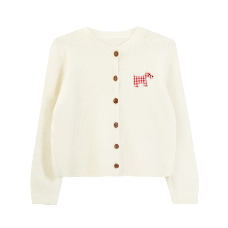 【奶油慕斯】格子小狗开衫针织短款复古撞色外搭小衫-4Q508