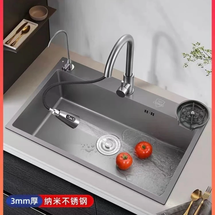 B 单槽 枪灰色纳米厨房洗菜盆水槽水池家用洗碗池洗菜池水盆方形