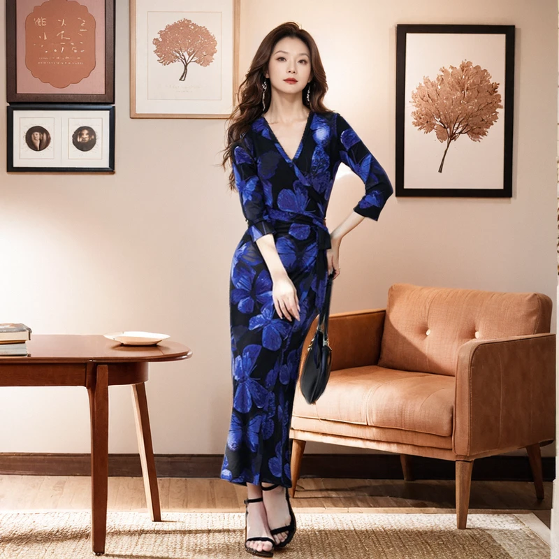 裹身裙法式蓝色蝴蝶印花百搭显瘦连衣裙女中长款气质时尚