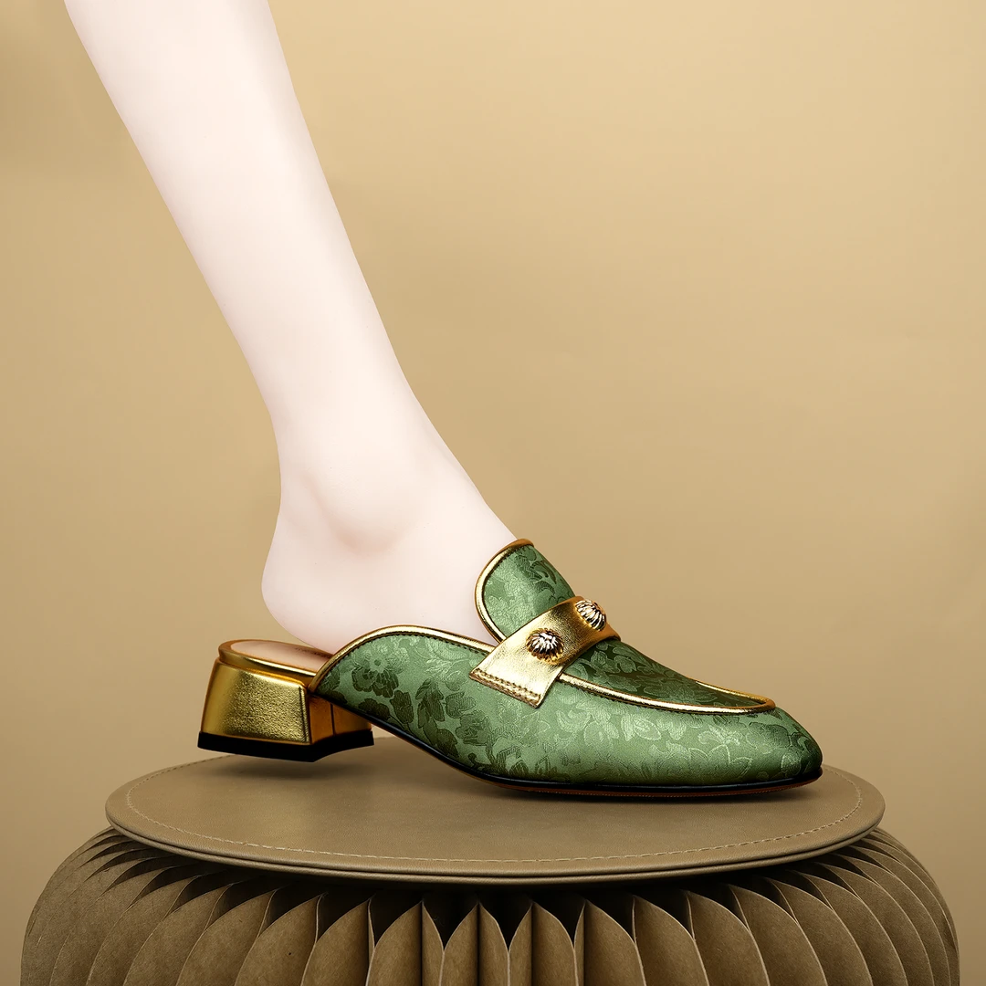 格美诗2024优雅圆头鞋百搭款舒适气质时尚国风新中式穆勒拖鞋8035