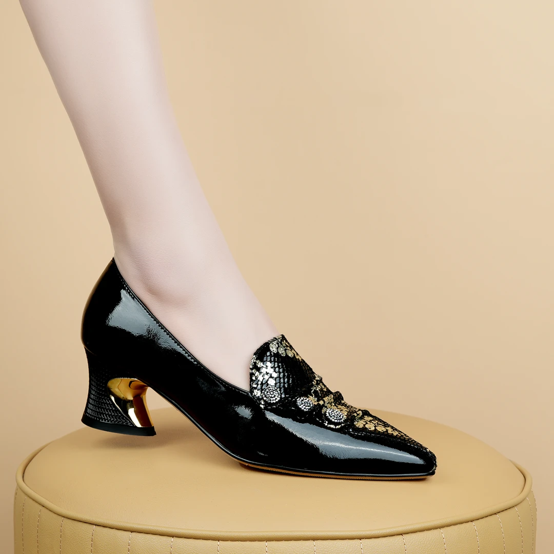 格美诗2024黑色优雅尖头女士百搭舒适气质休闲时尚浅口高跟鞋6088