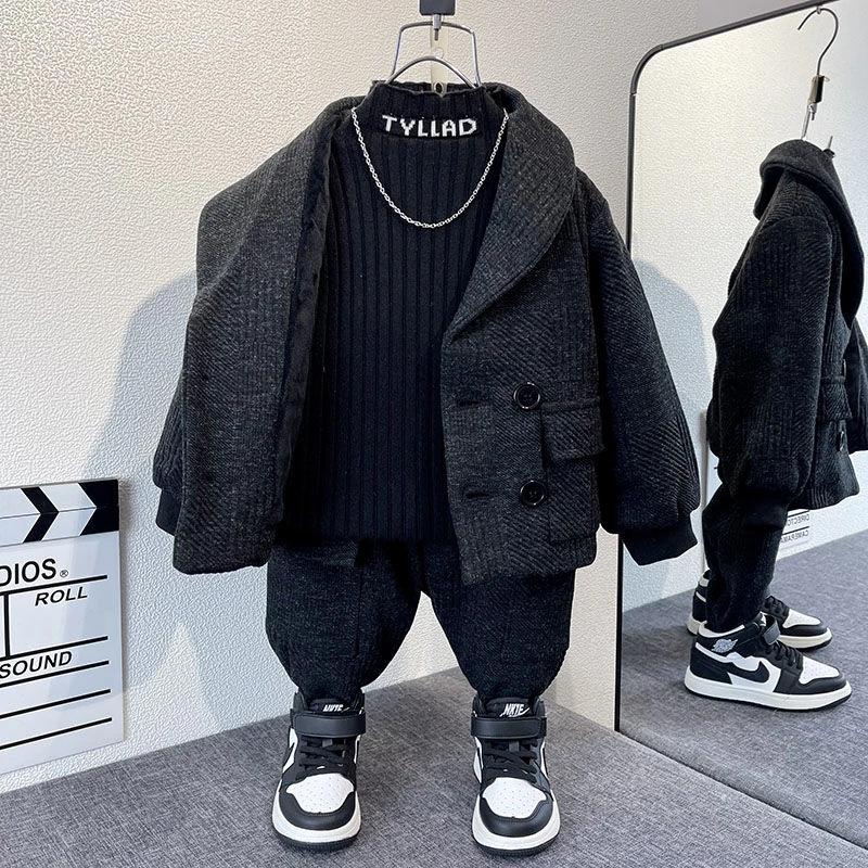 男童加绒西服套装洋气2025新款帅宝宝冬装两件套小儿童加厚衣服潮