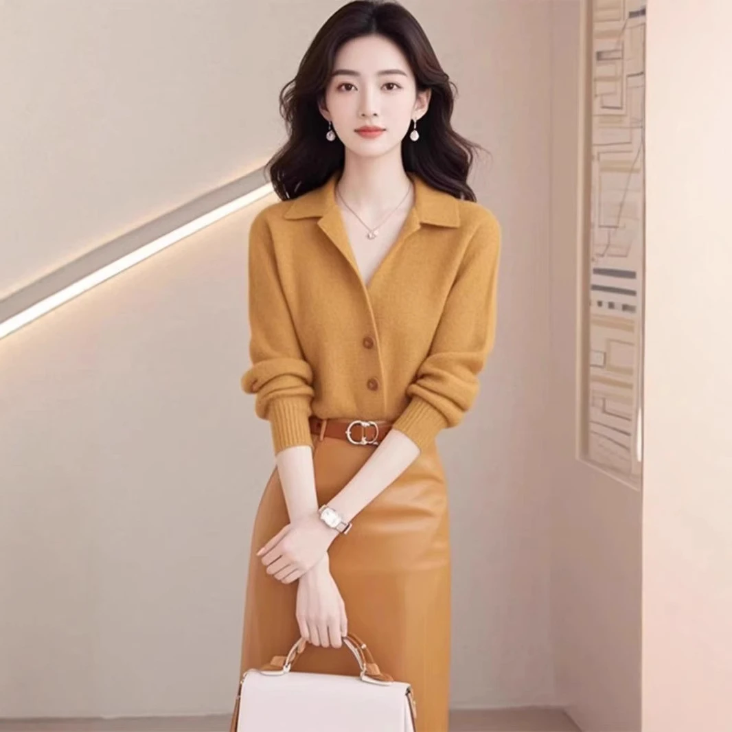 一整套初冬穿搭干练气质高端独特别致绝美高级感黄色针织衫两件套