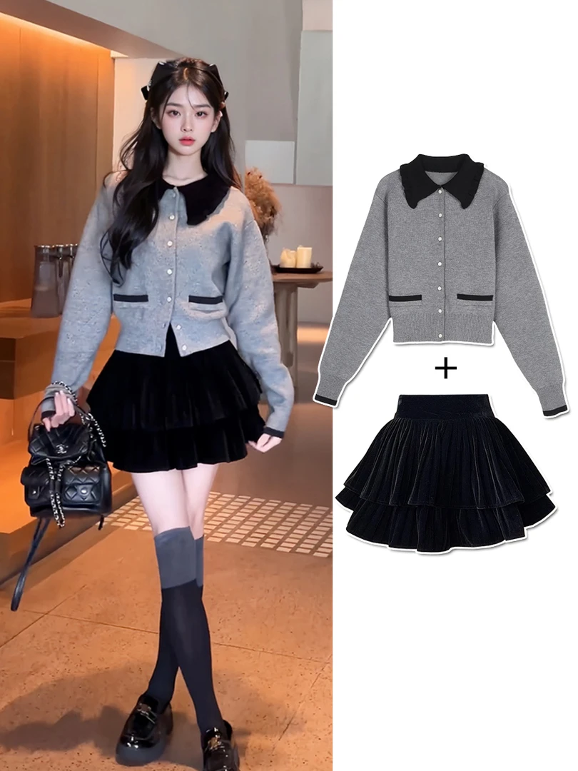 秋季轻熟风女装娃娃领毛衣开衫丝绒半身裙时尚潮流两件新款套裙装