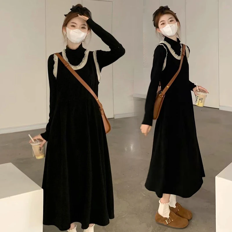 秋冬套装新款微胖mm韩版宽松灯芯绒背带裙+打底毛衣两件套连衣裙