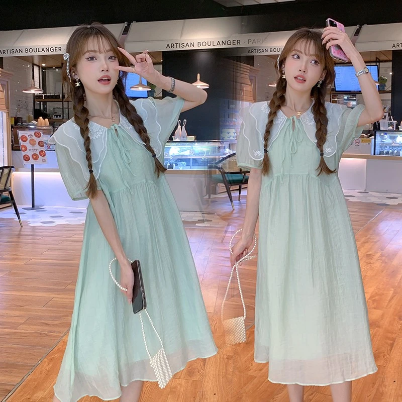 娃娃领刺绣连衣裙夏季新款微胖mm遮肚显瘦韩版宽松大码收腰仙女裙