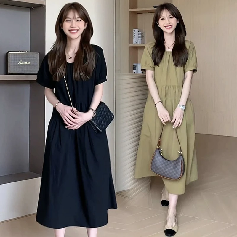 韩版宽松时尚减龄夏装新款微胖mm遮肉显瘦简约纯色中长款连衣裙女