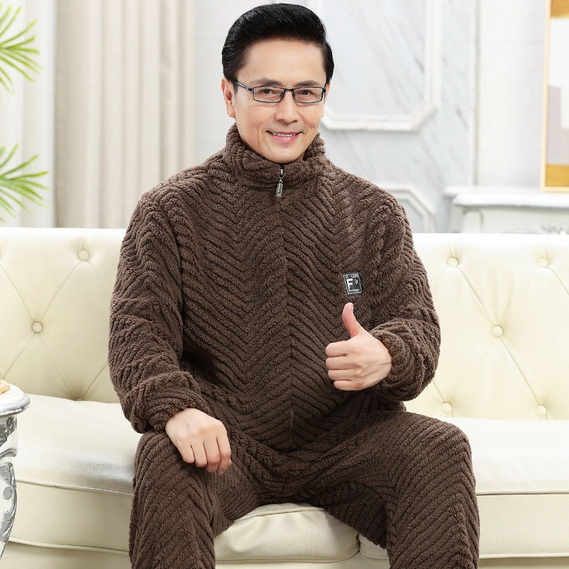 爸爸睡衣珊瑚绒男士中老年人秋冬款法兰绒老人加大码家居服可外穿
