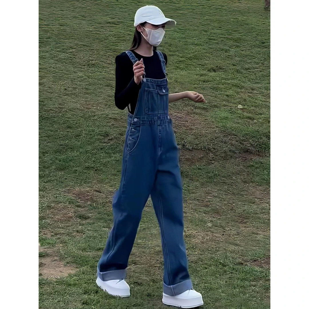 设计感小众牛仔背带裤女春秋款新款减龄小个子女款宽松直筒阔腿裤