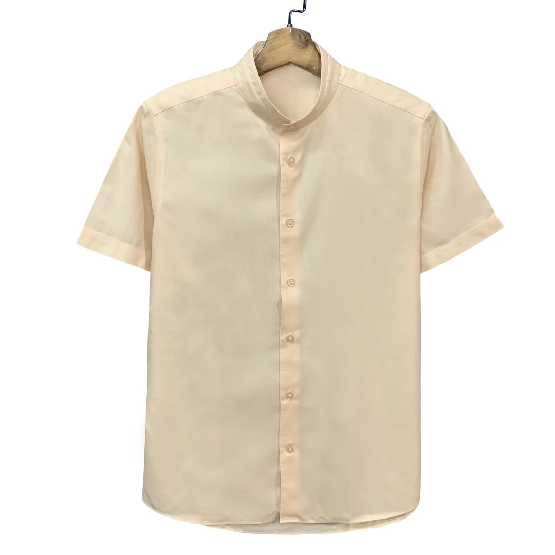 恺【立领】100长绒棉衬衣免烫米黄色短袖衬衫高级商务休闲男CS097