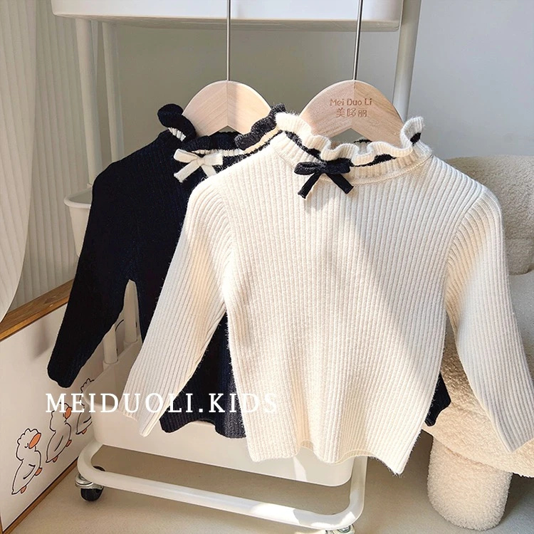 5532女童秋冬装新款小童蝴蝶结木耳中高领打底衫针织线衫毛衣上衣