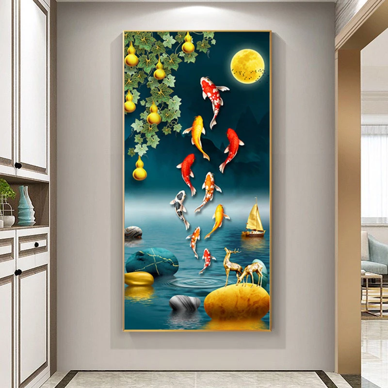 5d钻石画福禄招财【麋鹿九鱼图】点钻手工diy自粘画客厅玄关挂画