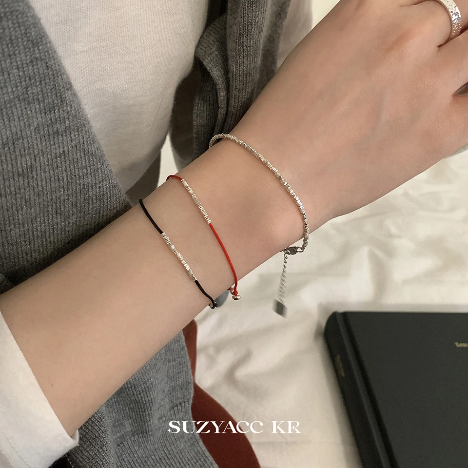 Suzyacc Kr 925银布艺手链 岁岁平安 925银碎银细红绳手链C2219