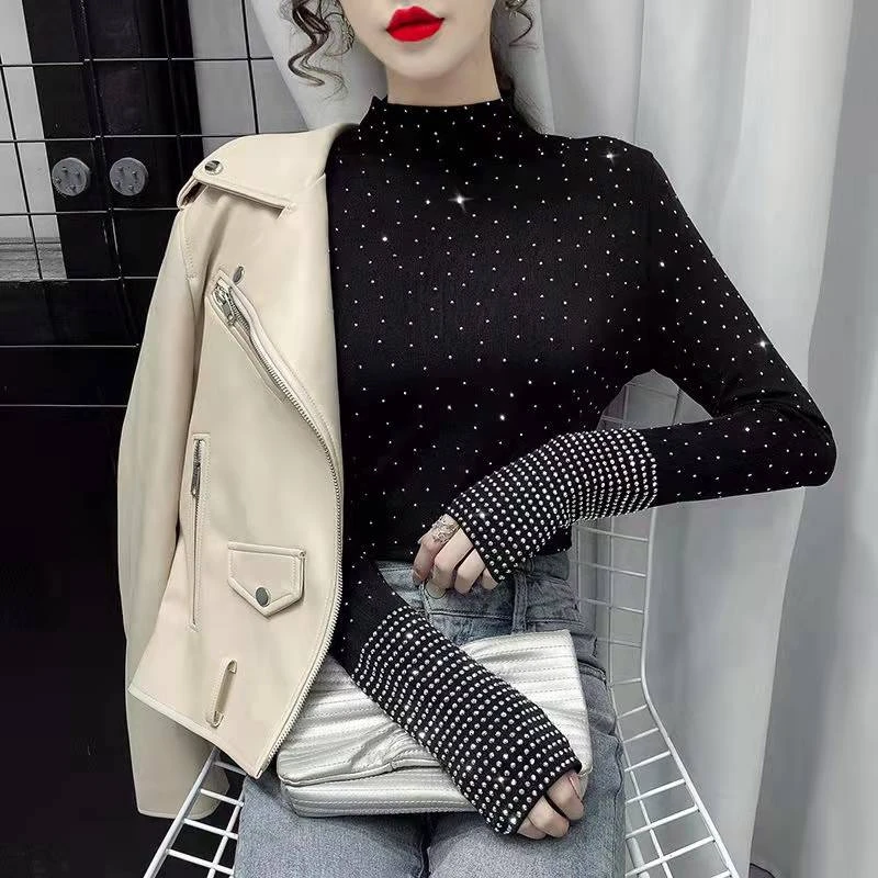 【秋冬爆款】 满天星半高领长袖上衣重工烫钻T洋气欧货显瘦打底衫