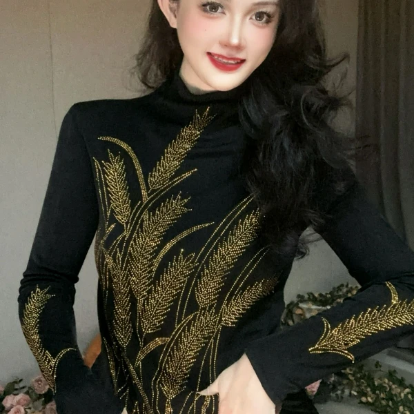 3470【加绒爆款】麦穗打底衫女装欧货重工烫钻长袖T恤上衣女