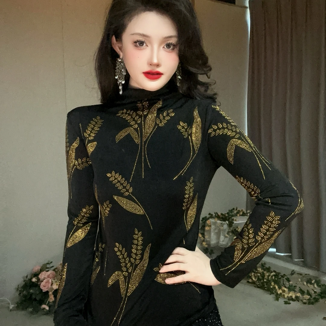 3468【加绒磨毛】黄金麦穗打底衫女装欧货重工烫钻长袖T恤上衣女