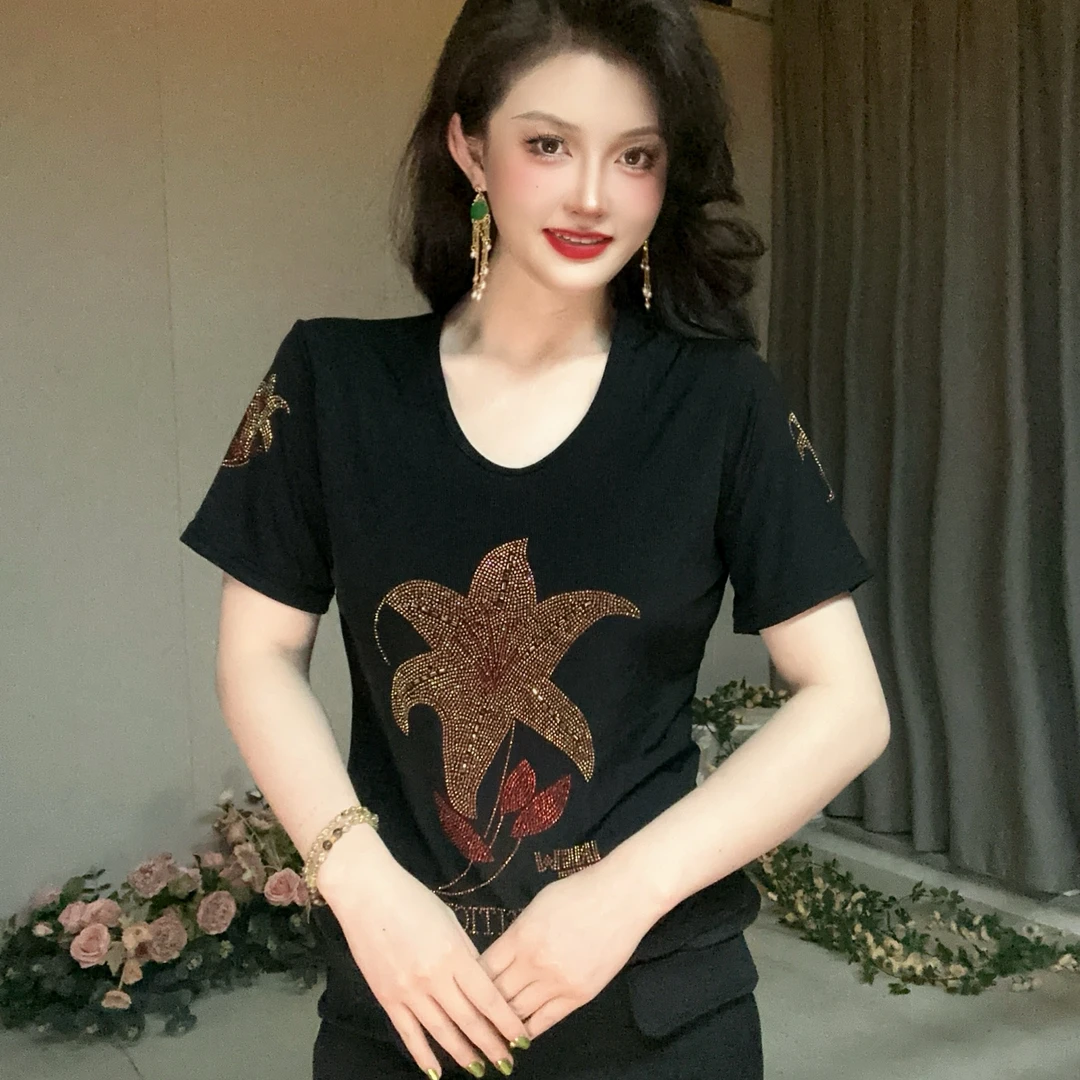 【夏季新款】百合花时尚小衫重工烫钻修身打底衫短袖女装