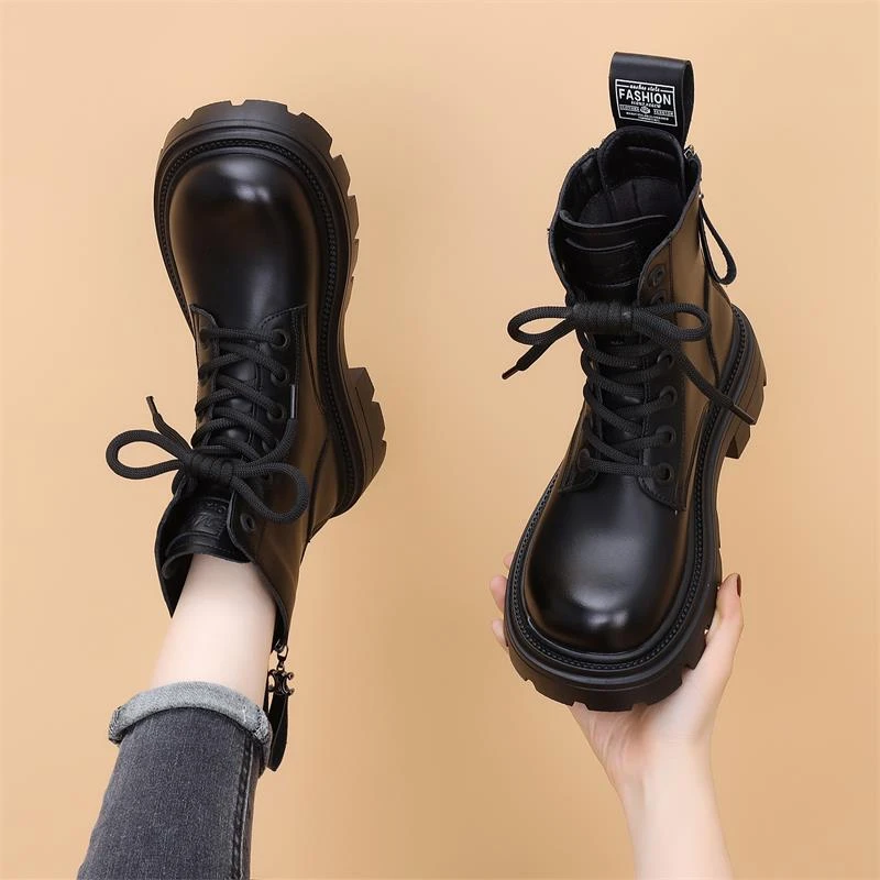 皮质马丁靴女英伦风2025年秋冬新款爆款厚底小个子增高短靴小码34