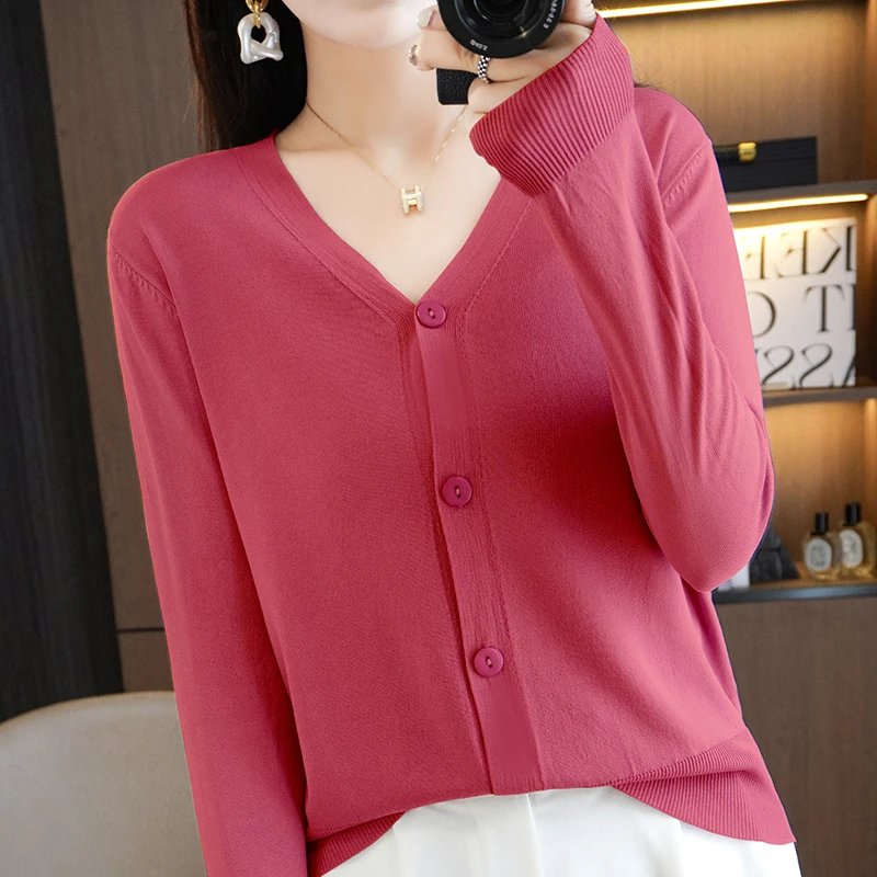 2025新款小开衫外套女宽松长袖薄款显瘦百搭洋气曲珠冰丝针织开衫