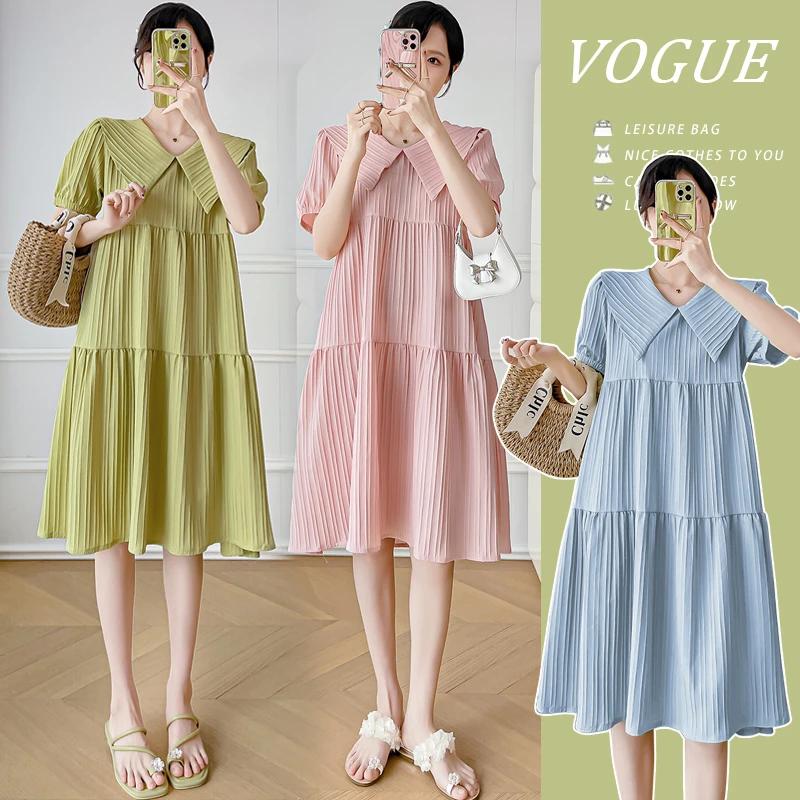 夏季新款韩版时尚显瘦夏天小清新翻领洋气宽松薄款连衣裙中长款