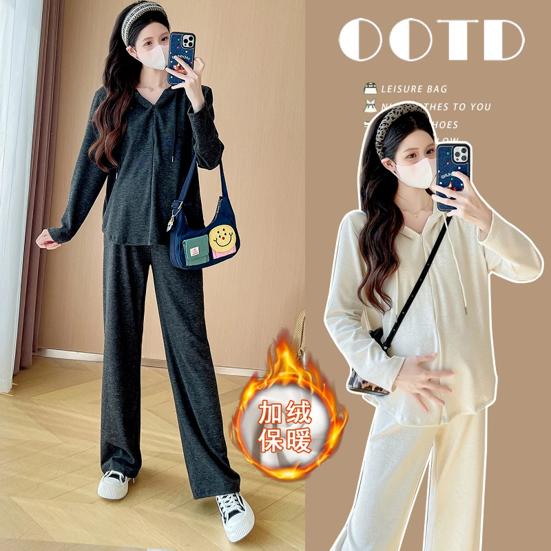 孕妇新款春秋季套装慵懒风半拉链连帽上衣+显瘦休闲裤套装