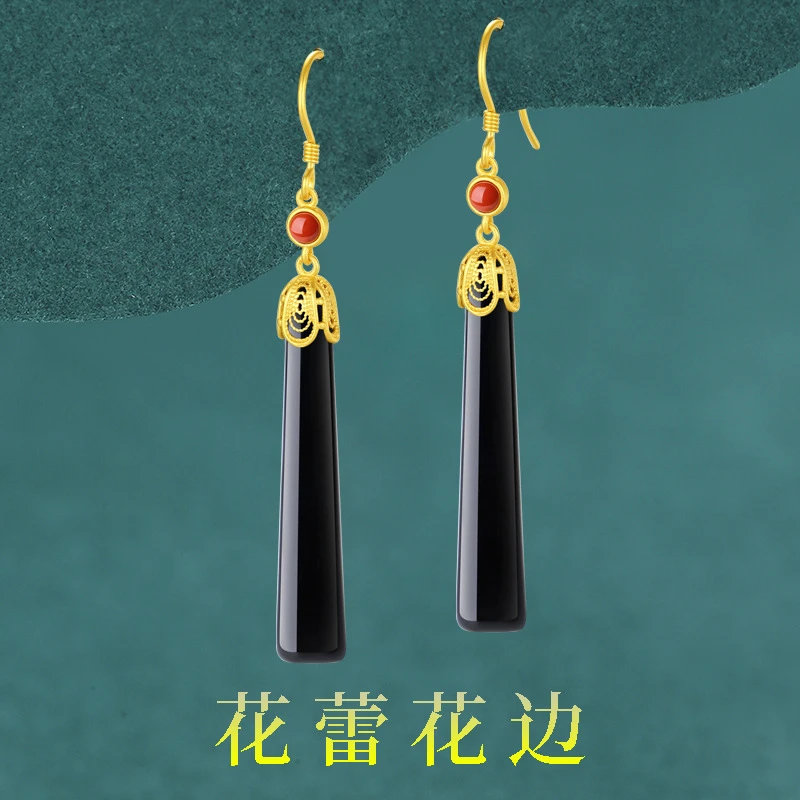 925银黑玛瑙耳环女简约长款几何点缀红玛瑙大气耳坠816542
