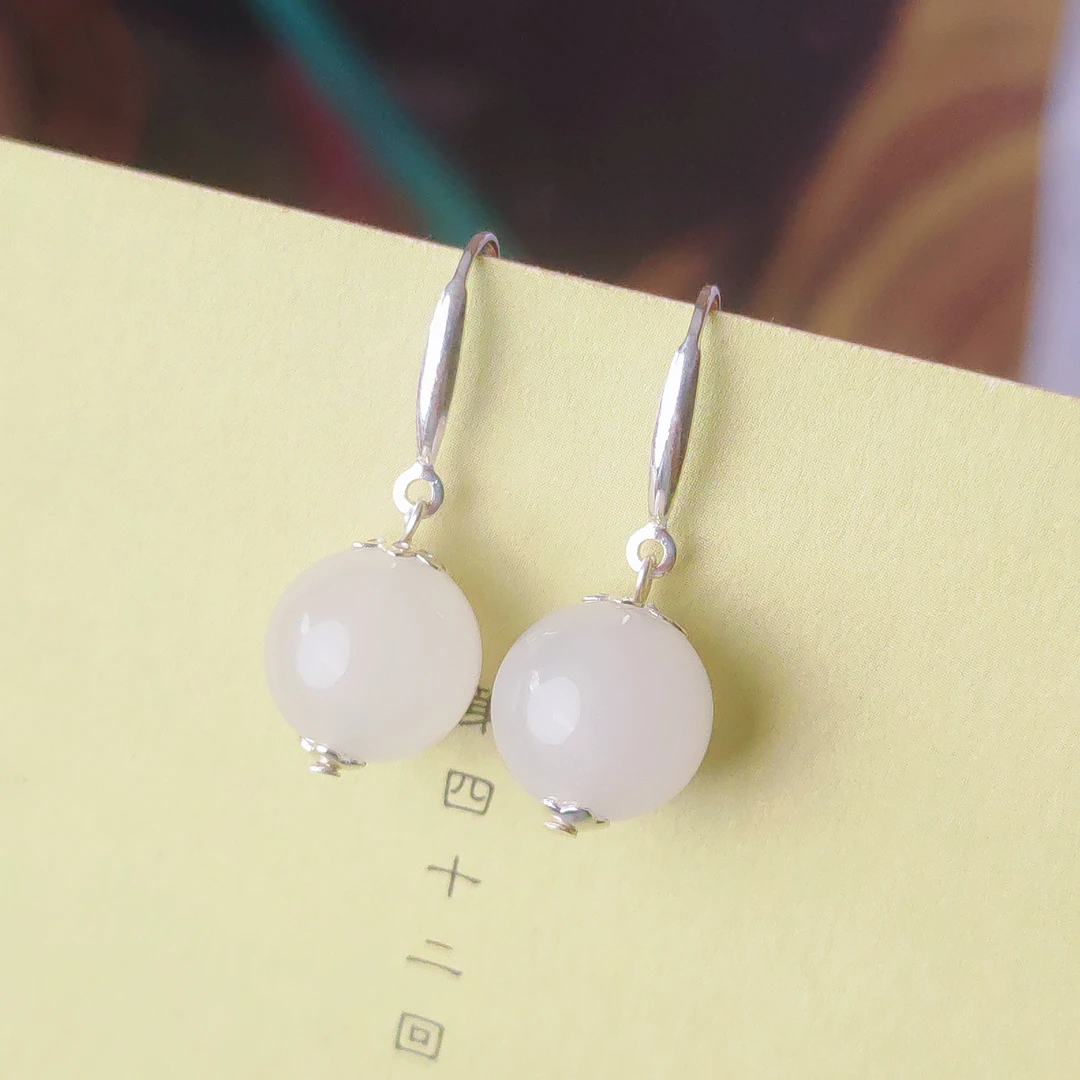 S925银天然新疆天山翠玉卡12毫米圆珠耳坠银防过敏811570