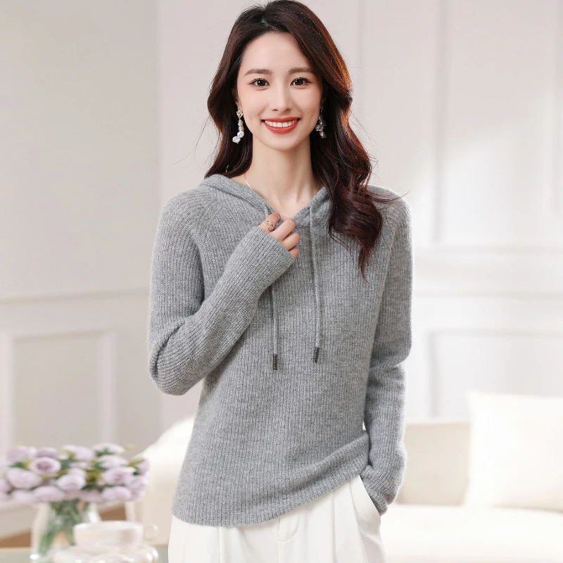 2024秋冬新款100%纯小山羊绒套头连帽圆领针织羊绒衫