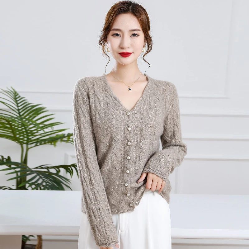 100纯小山羊绒秋冬新款简约百搭长袖V领通勤针织羊绒开衫