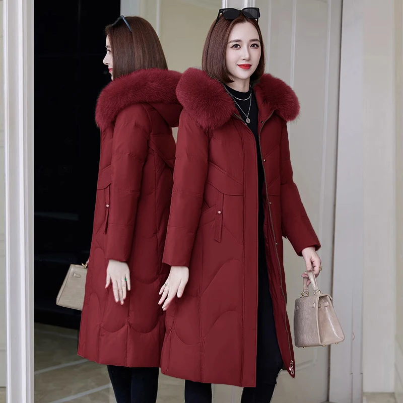 韩版时尚过膝长款连帽女士羽绒服冬季保暖外套修身显瘦大毛领