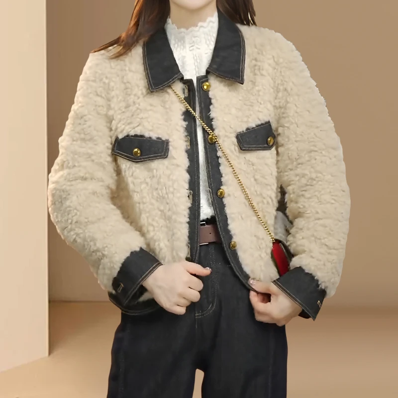 牛仔拼接毛毛短外套女2025冬季韩系今年流行小个子气质保暖棉服