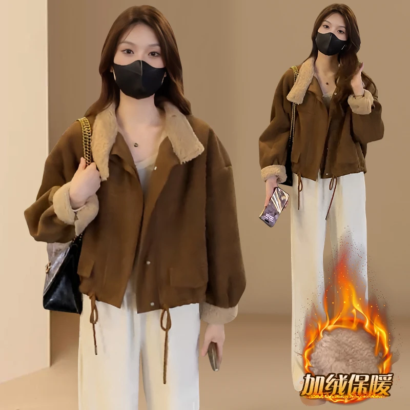 皮毛一体毛毛短外套女2025冬季新款洋气加绒保暖立领夹克上衣潮