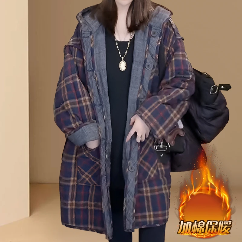 户外连帽加厚保暖双面穿棉服女冬季爆款复古高级感气质中长款外套