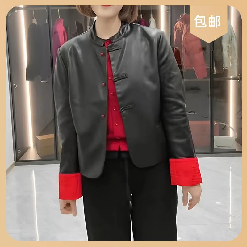 夹克洋气新中式皮衣新款国风盘扣修身2025欧货短款春秋女上衣外套