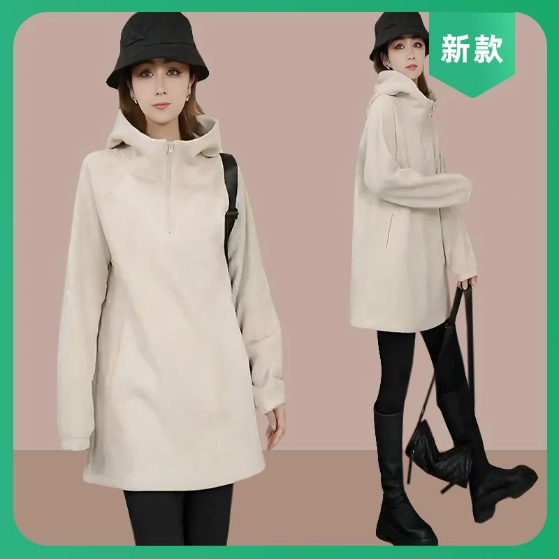 时尚休闲中长款连帽套头卫衣女2025秋冬宽松显瘦纯色百搭长袖上衣