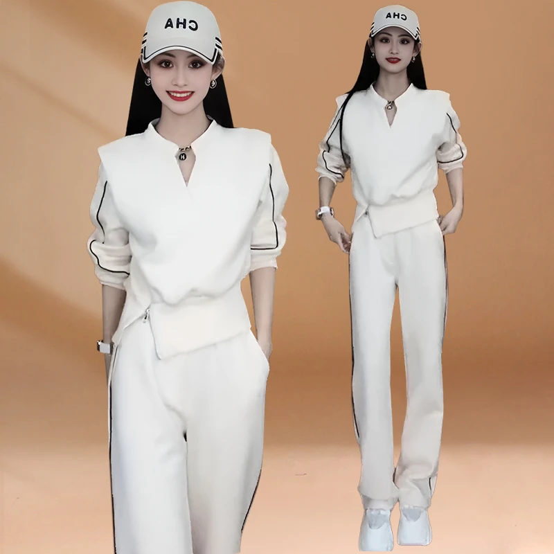 休闲运动套装女网红时尚新款韩版春秋V领开叉卫衣欧货爆款两件套