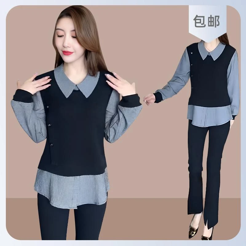 2025洋气长袖春秋女高级感衬衫衬衣撞色新款遮肚子假两件显瘦时髦
