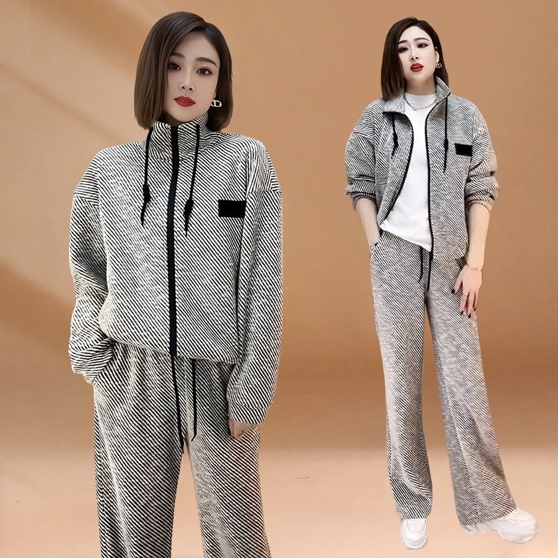 韩版休闲时尚运动套装女士春秋新款遮肉立领开衫卫衣阔腿裤两件套