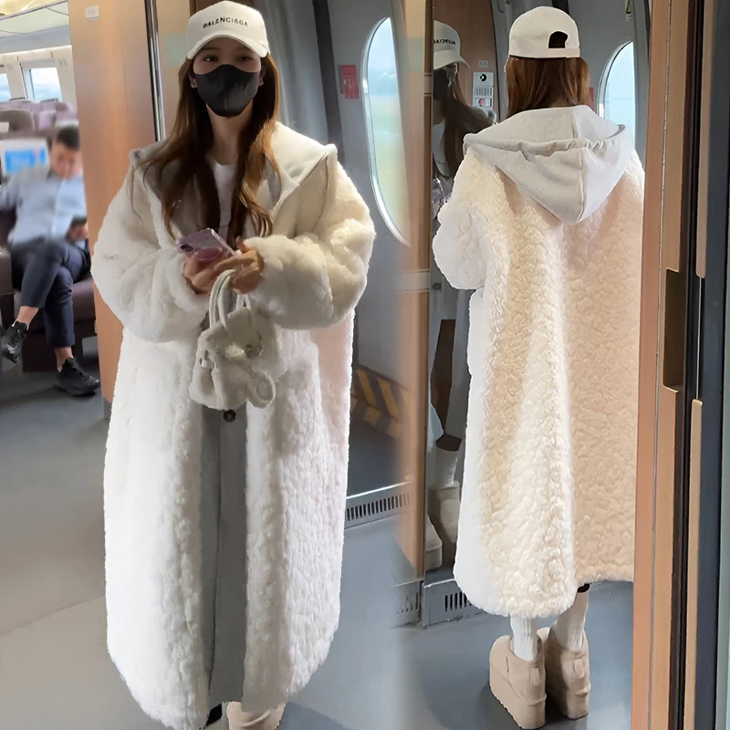 韩版假两件连帽毛毛外套女秋冬2025新款皮毛一体中长款毛毛大衣