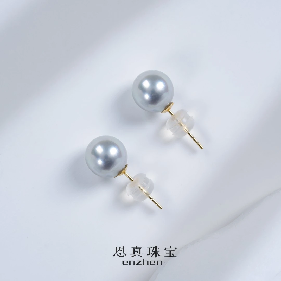 18k金日本akoya海水珍珠真多麻色日常百搭空姐素耳钉（8-8.5mm）