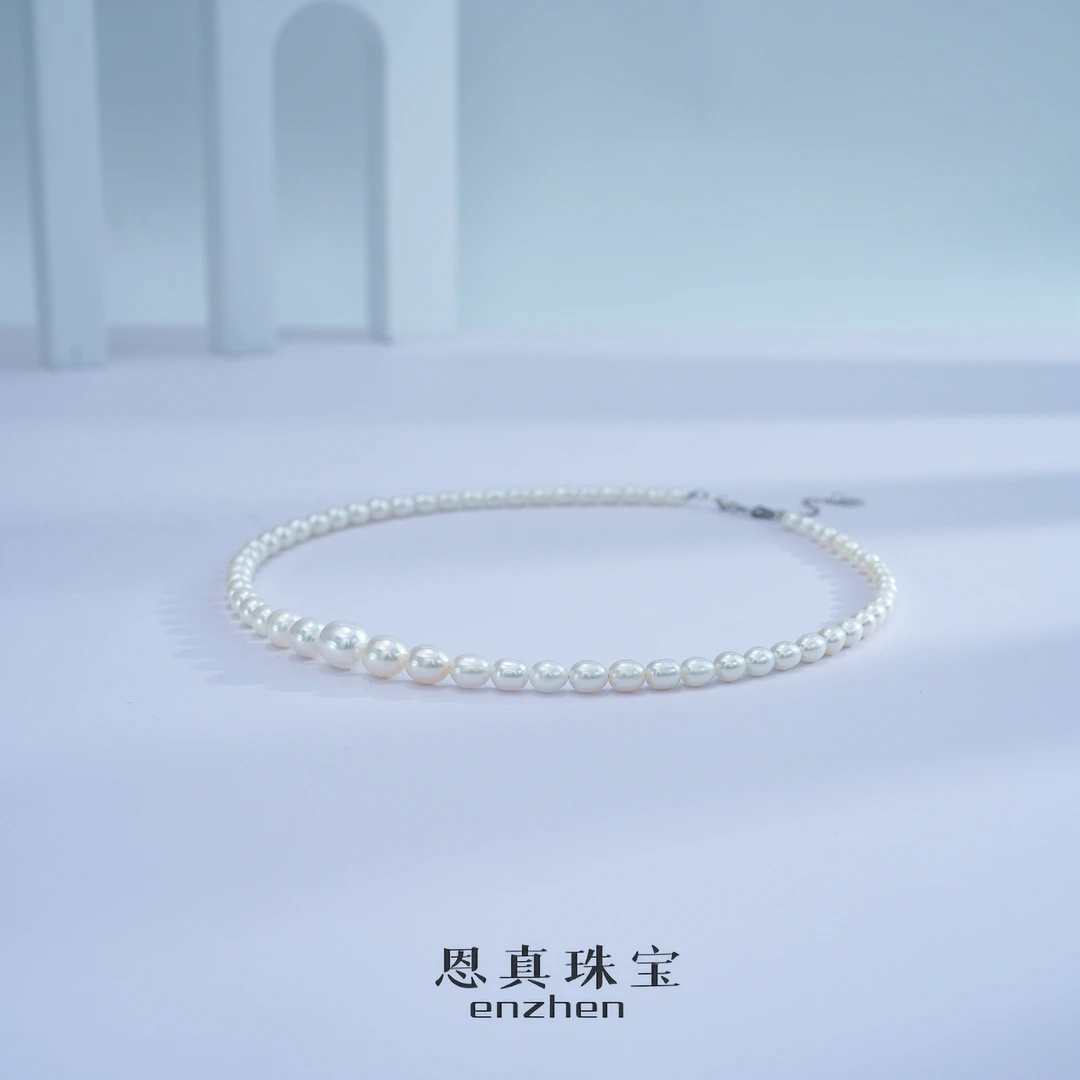 淡水珍珠3-8mm强光米型百搭项链年轻气质款s925银塔链锁骨链