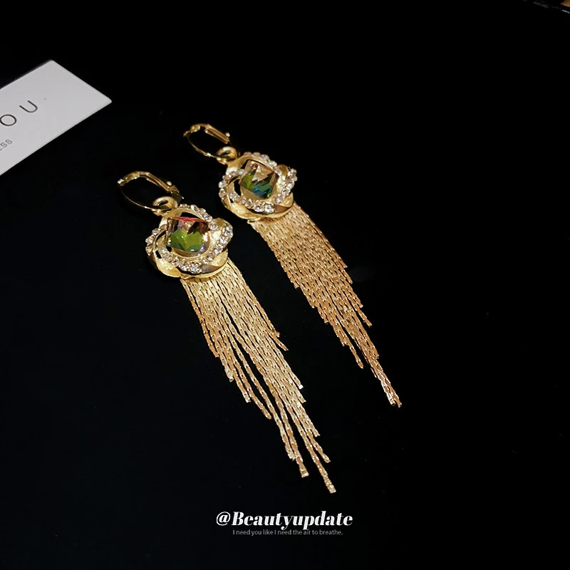 铜合金耳饰 镶钻方形交叉麻花长款流苏耳饰