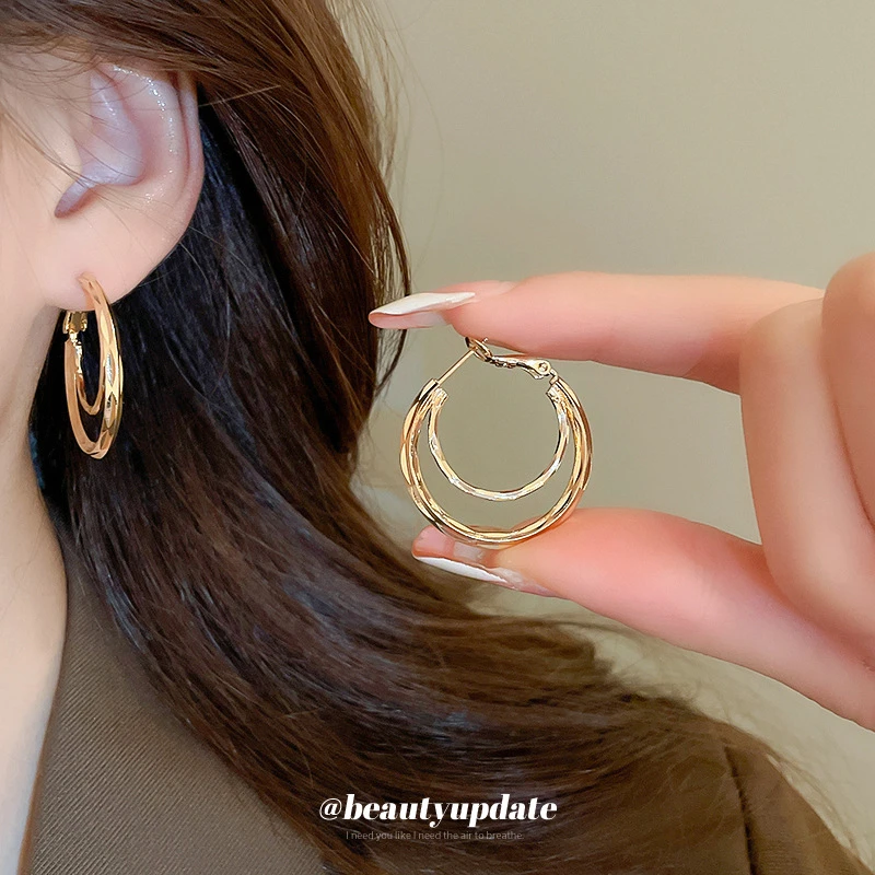 铜合金耳饰 银针双层耳圈时尚气质独特耳饰欧美大圈圈耳环轻奢