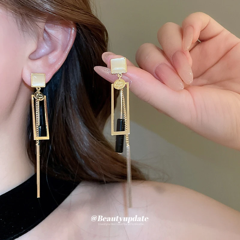合金树脂耳饰 猫眼石款几何方形流苏耳环个性高级感轻奢时尚耳钉