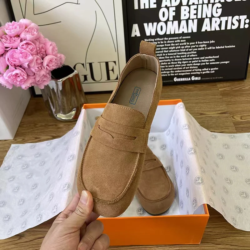 乐福鞋休闲百搭脖肯鞋牛皮踩跟平底軟面軟底增高橡胶底耐磨单鞋女